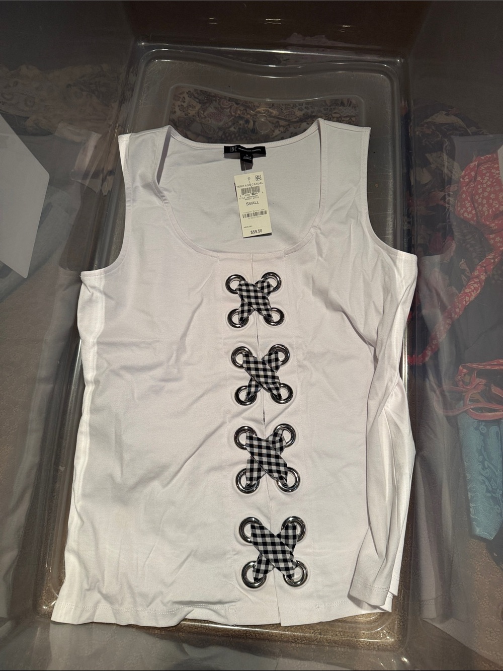 INC International Concepts White Tank with Black Gingham Ribbon Loops